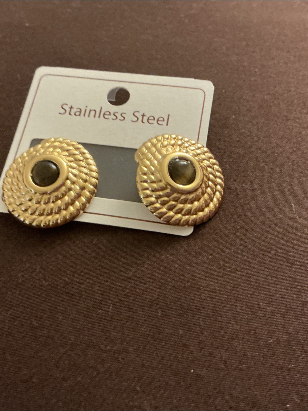Gold-Tone Textured Stainless Steel Button Earrings with Black Center